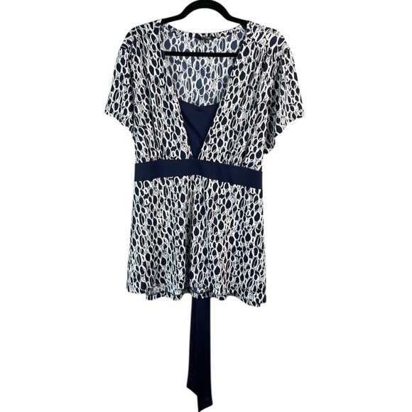 GEORGE Classics Plus Y2K Navy White Empire Waist Pattern Print Tie Back Top 2X - Picture 2 of 12